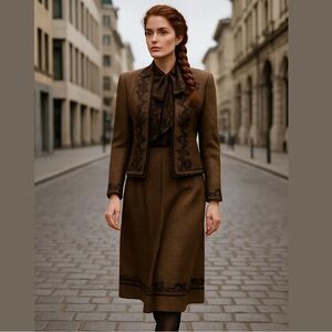 VTG 3PCS GLORIA SACHS GLEN PLAID WOOL JACKET & MIDI SKIRT & SILK PAISLEY BLOUSE